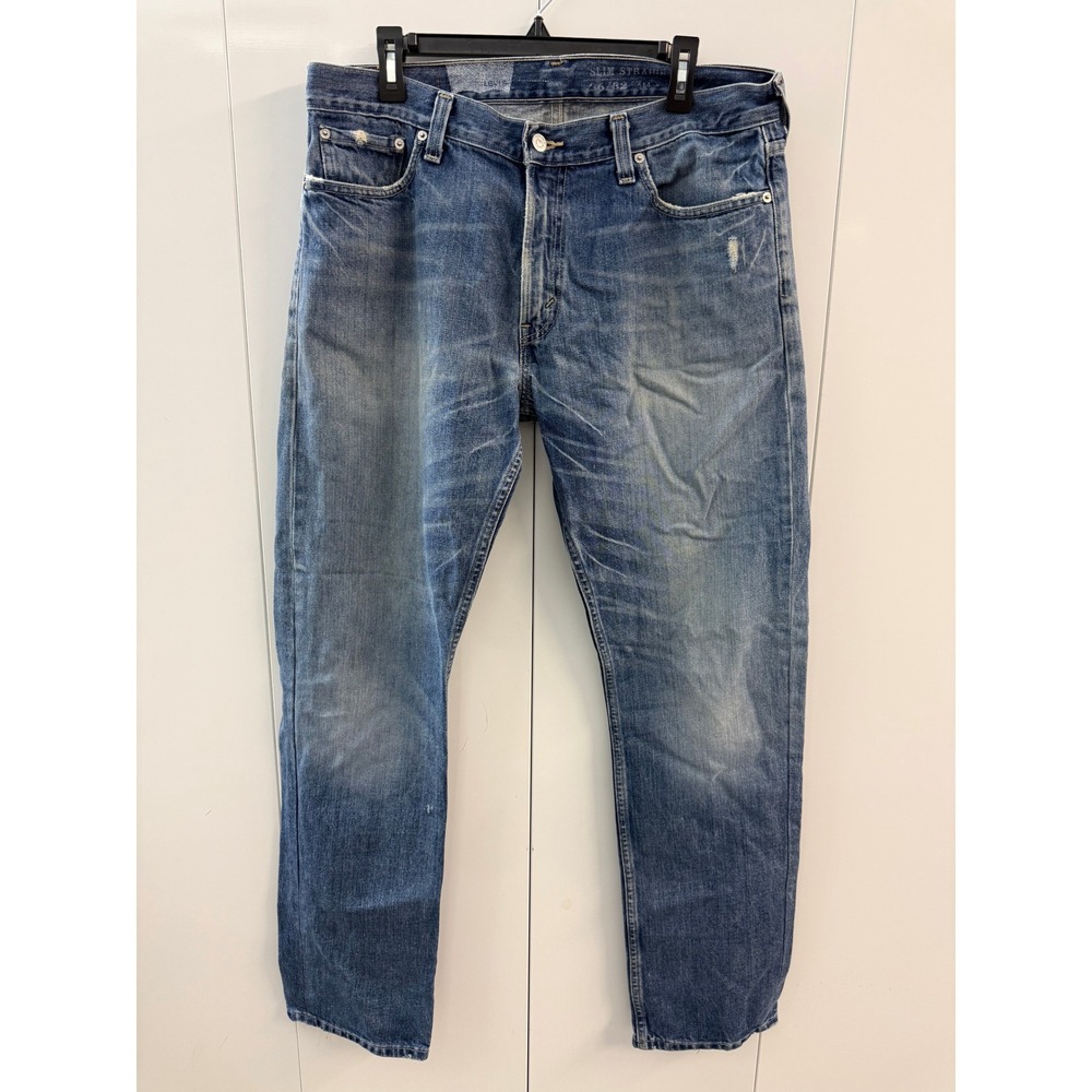 Levis 513 Slim Straight Jeans Mens 36x32 Medium Wash Distressed Denim